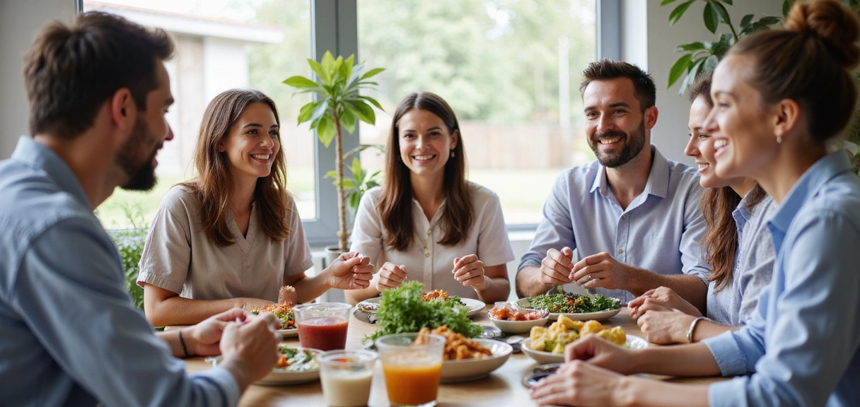 Diverse group of people eating healthy food together, symbolizing community health