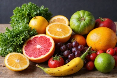 A colorful array of fresh fruits and vegetables, artfully arranged to symbolize healthy eating.