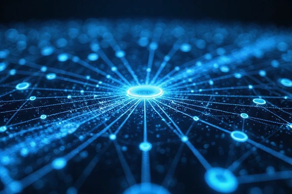 Diverse web pages connected by lines representing hyperlinks, stylized to show data flow and external connections.